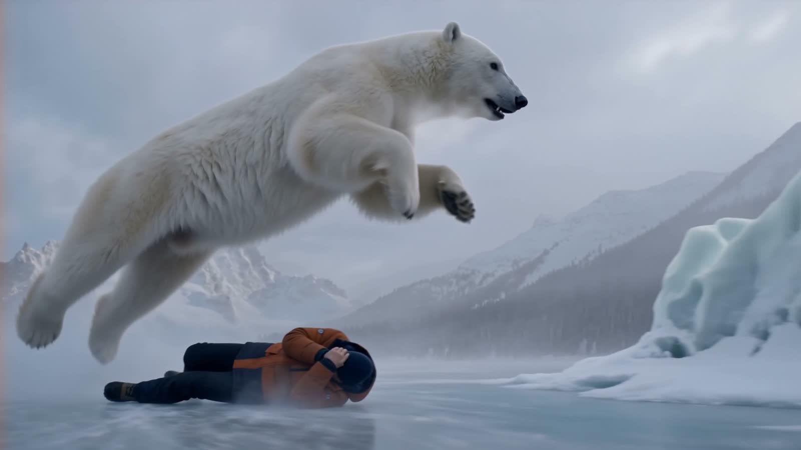 Break the Ice — polar bear leaping over a fallen ice fisherman