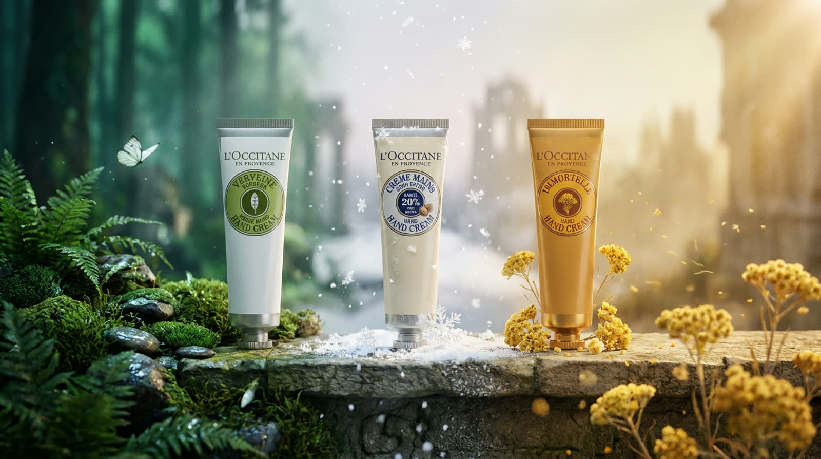 L'Occitane Three Realms key art — three products across three worlds