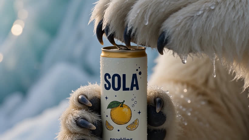 SOLA can held in a polar bear paw, frost still on the label