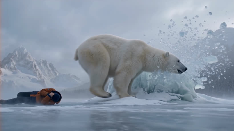 Polar bear smashing an ice ridge apart