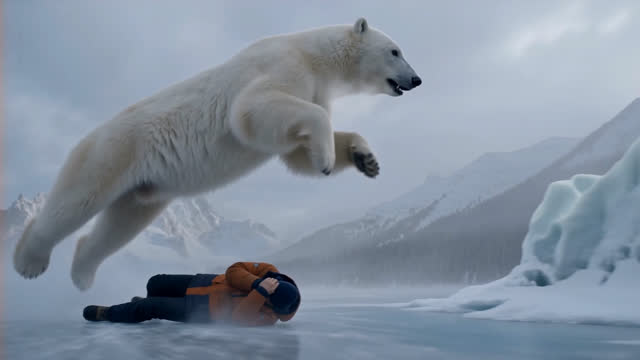 The bear leaping over the fallen fisherman