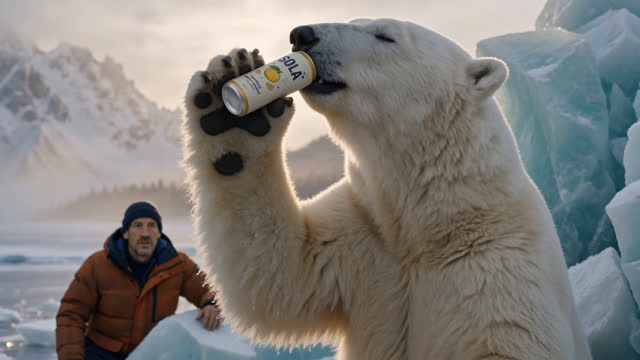The bear drinking the SOLA while the stunned fisherman watches