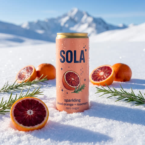 Colour-on-snow static: blood orange can in snow
